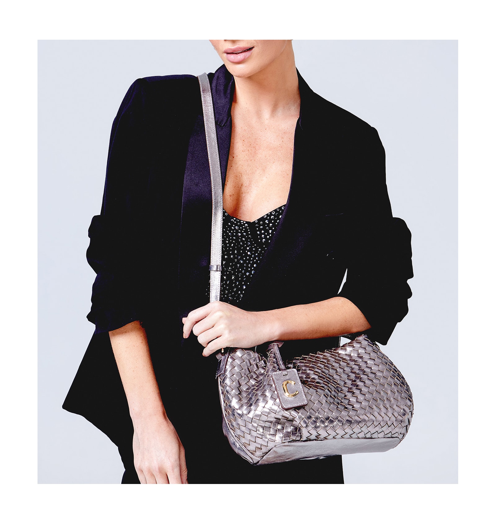 Bolsa Tote Tressê Couro Prata