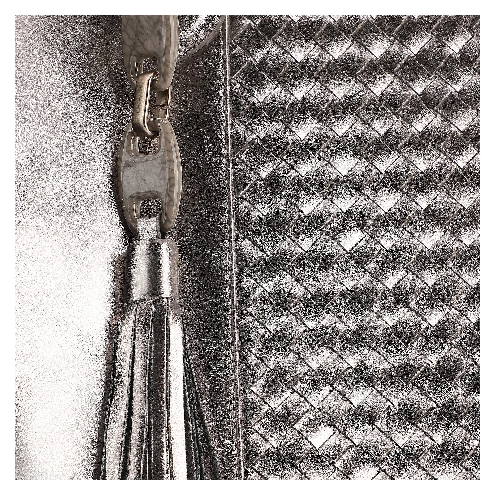 Bolsa Tote Tressê Couro Prata