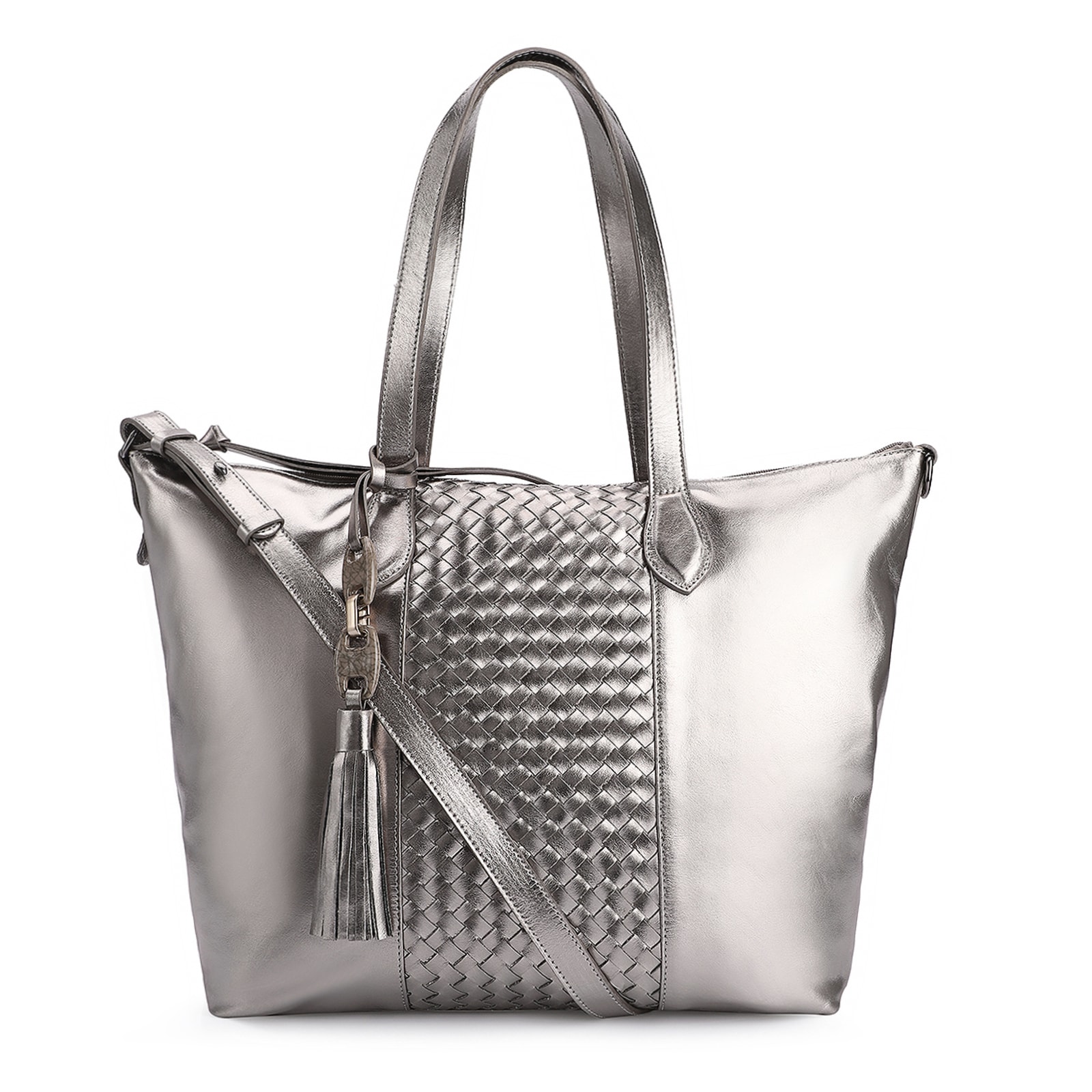 Bolsa Tote Tressê Couro Prata
