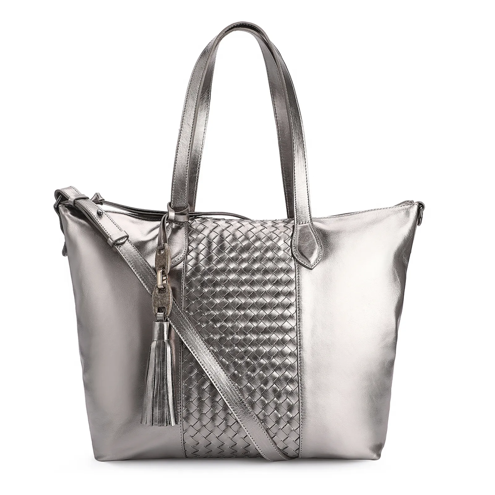 Bolsa Tote Tressê Couro Prata