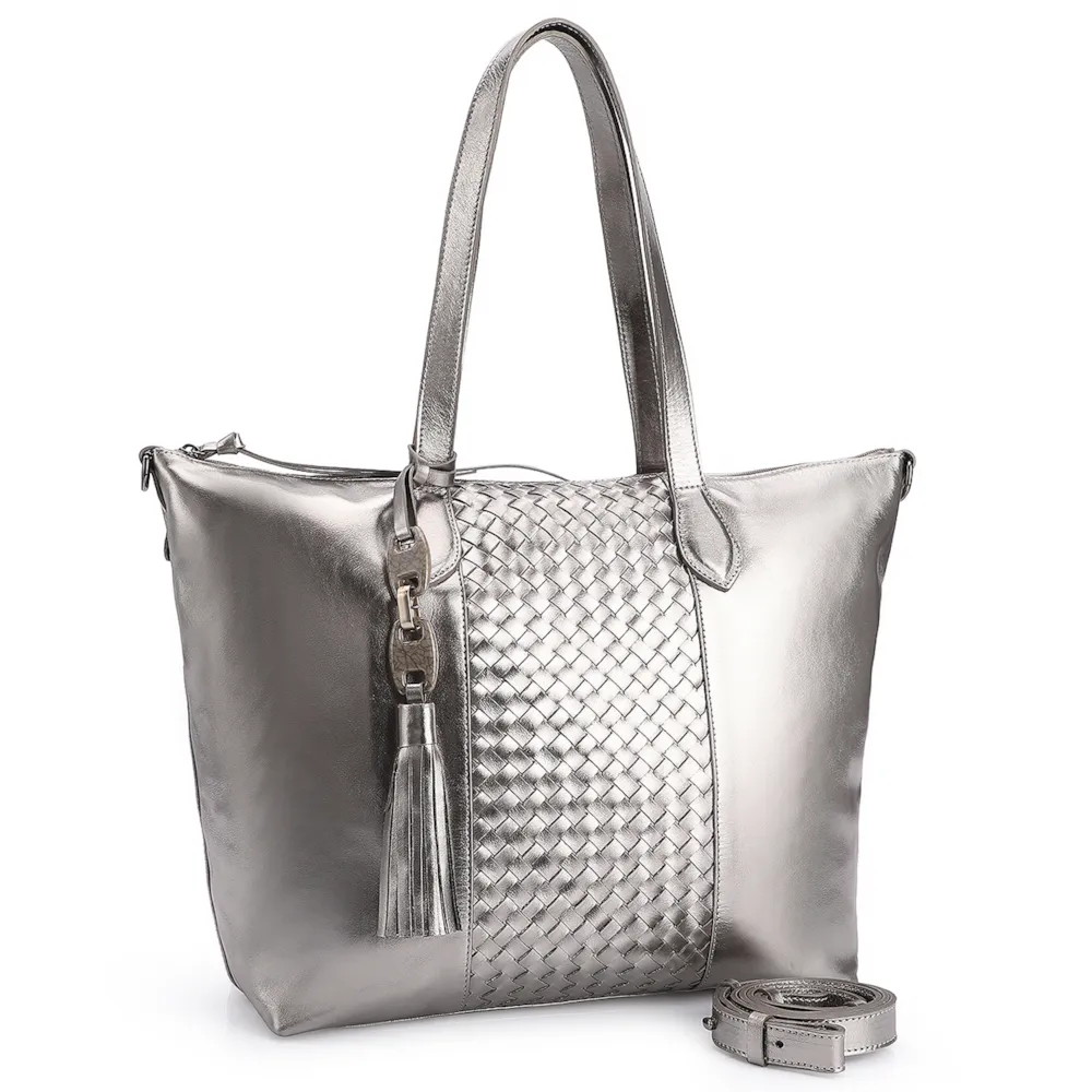 Bolsa Tote Tressê Couro Prata - imagem 2