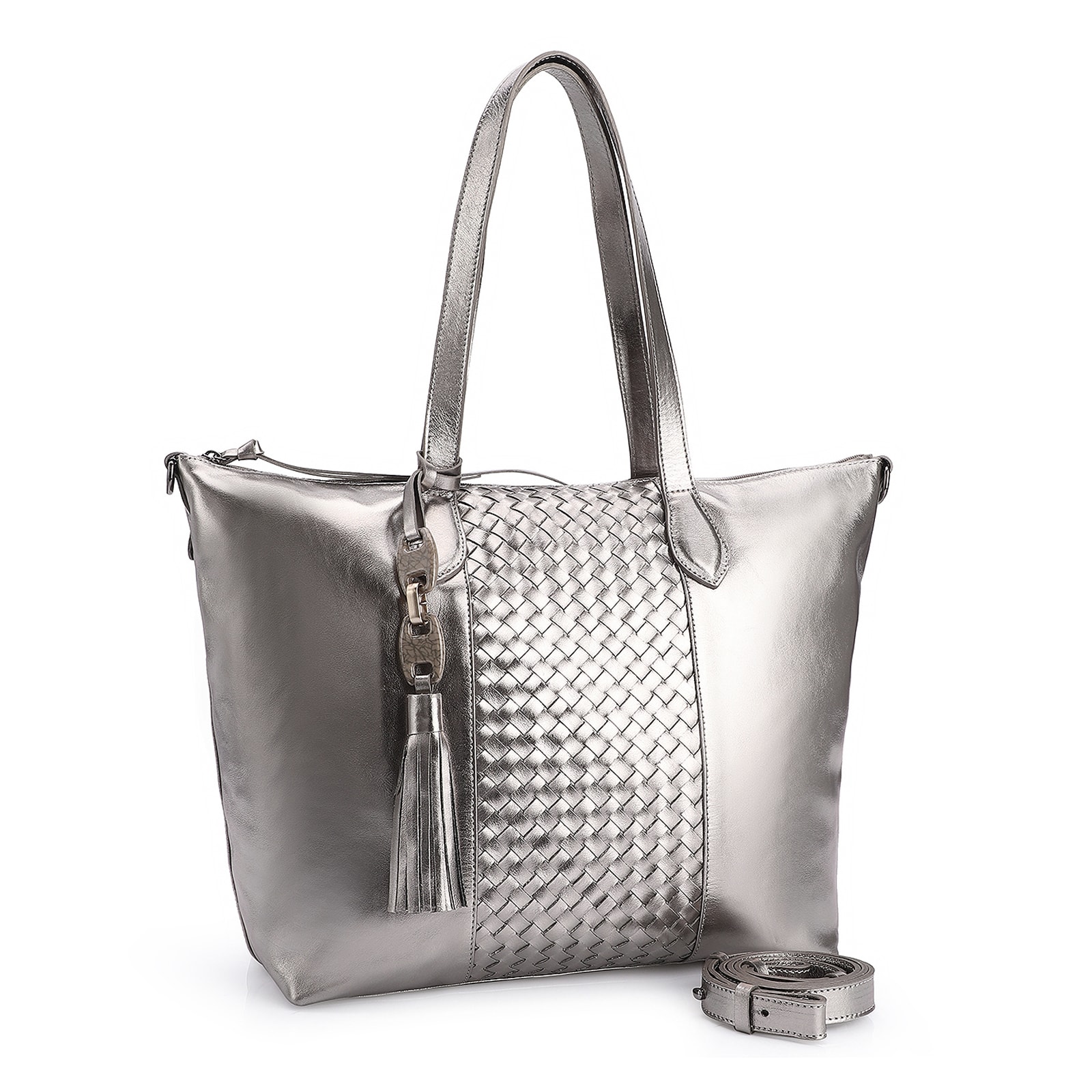 Bolsa Tote Tressê Couro Prata