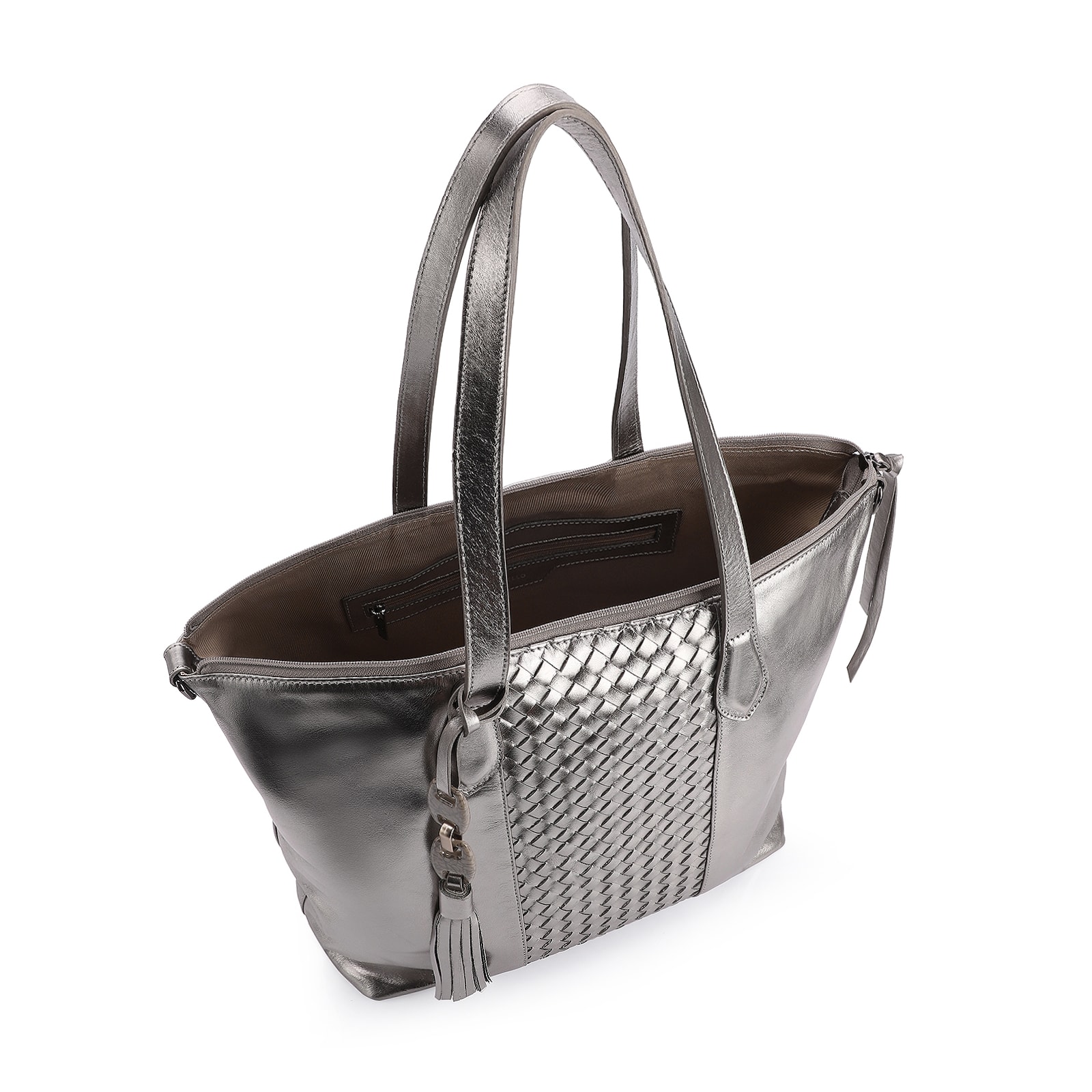 Bolsa Tote Tressê Couro Prata