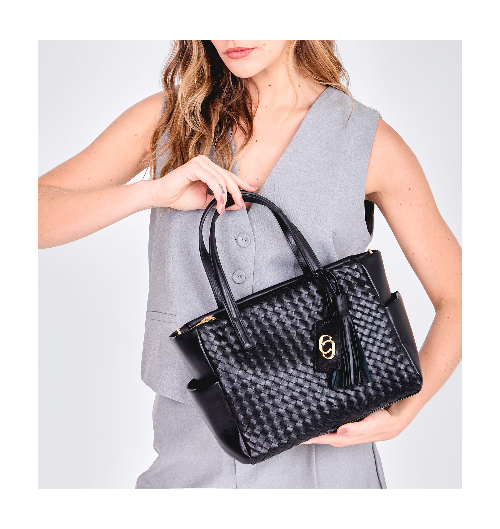 Bolsa Tote Tressê Couro Preto