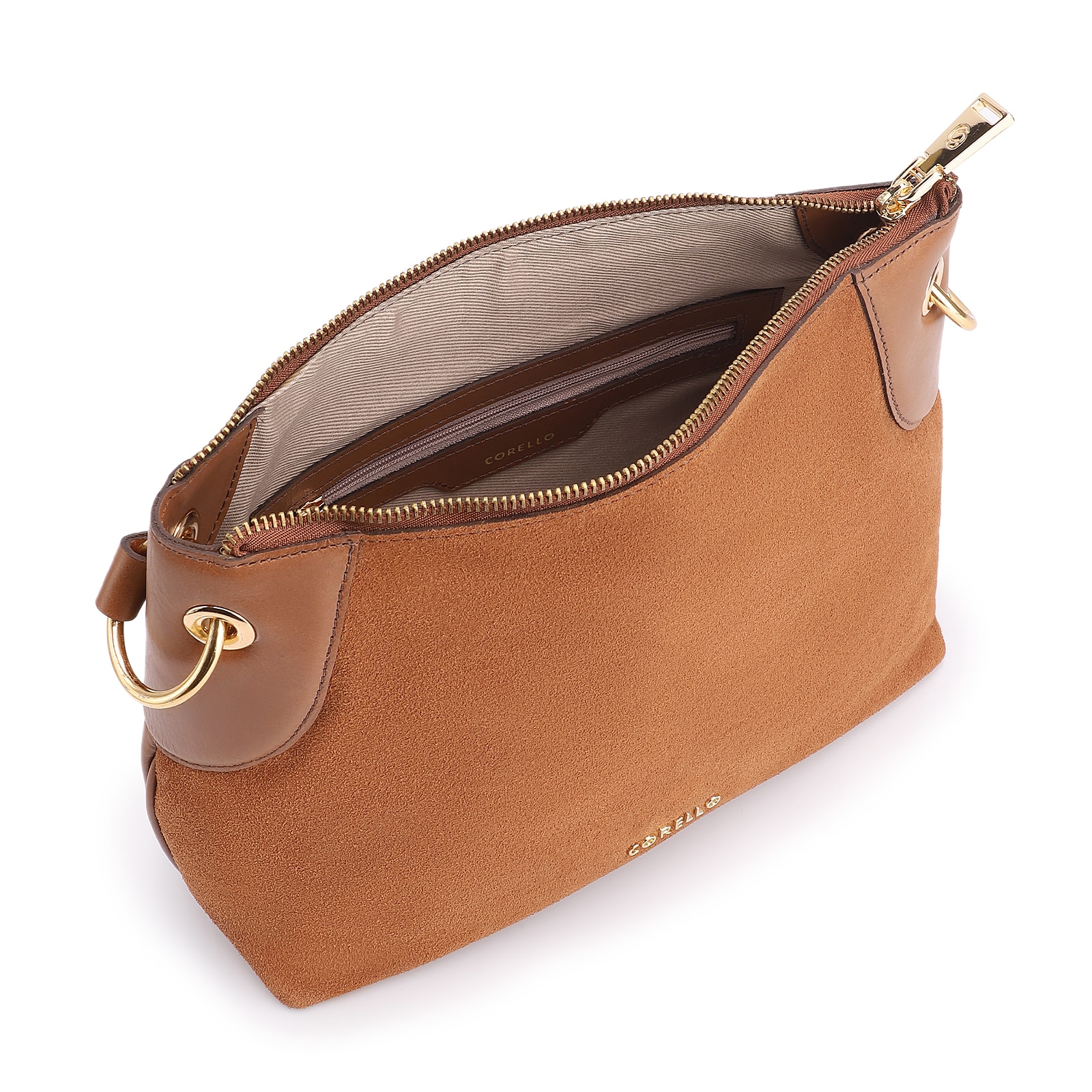 Bolsa Transversal Argola Couro Camurça/Couro Marrom