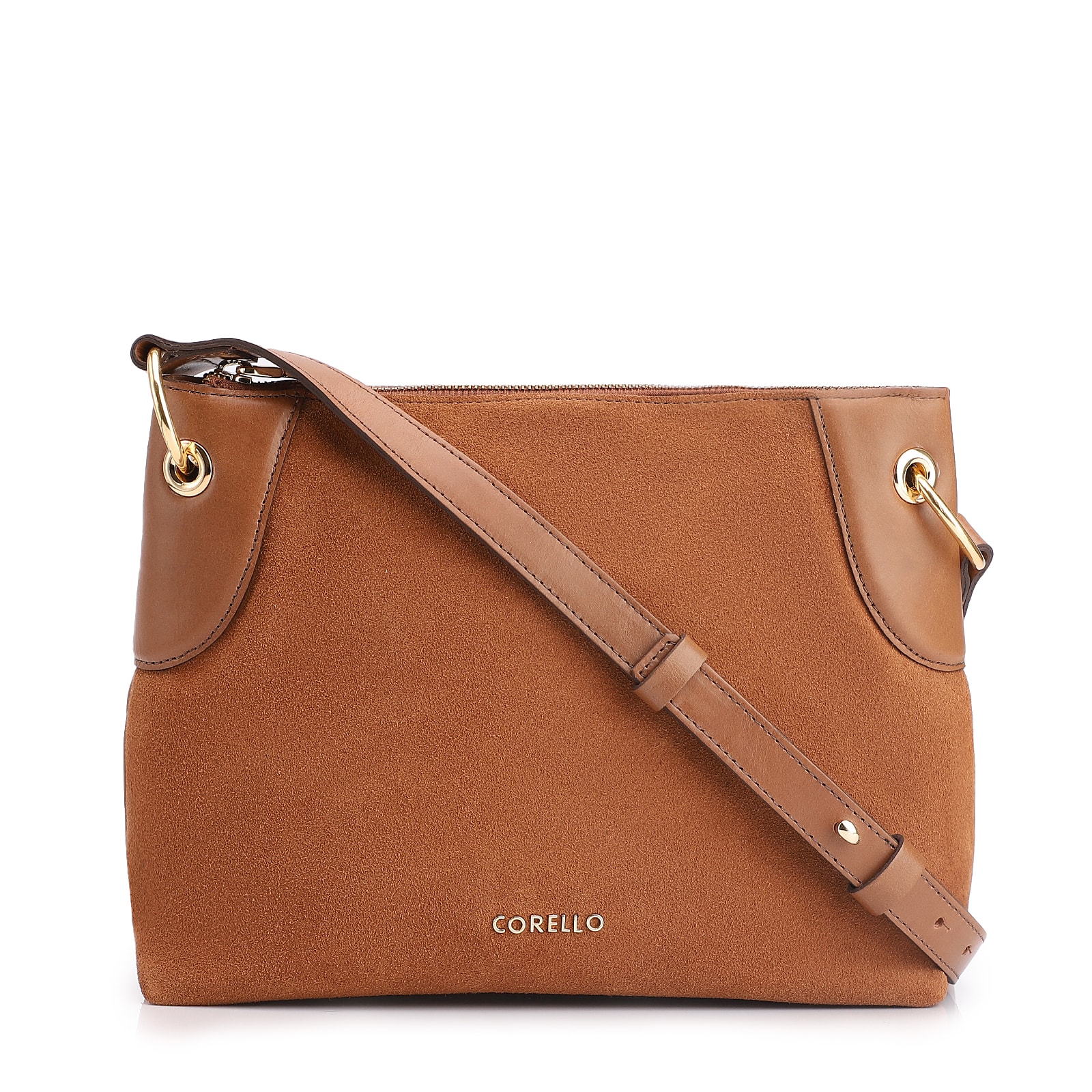 Bolsa Transversal Argola Couro Camurça/Couro Marrom