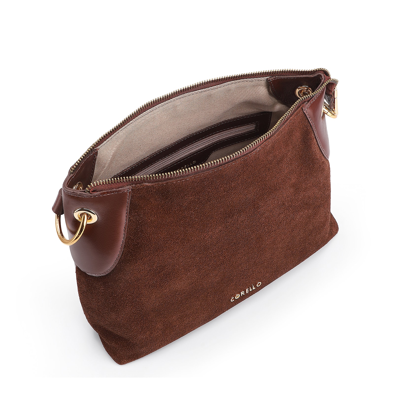 Bolsa Transversal Argola Couro Camurça/Couro Marrom Escuro