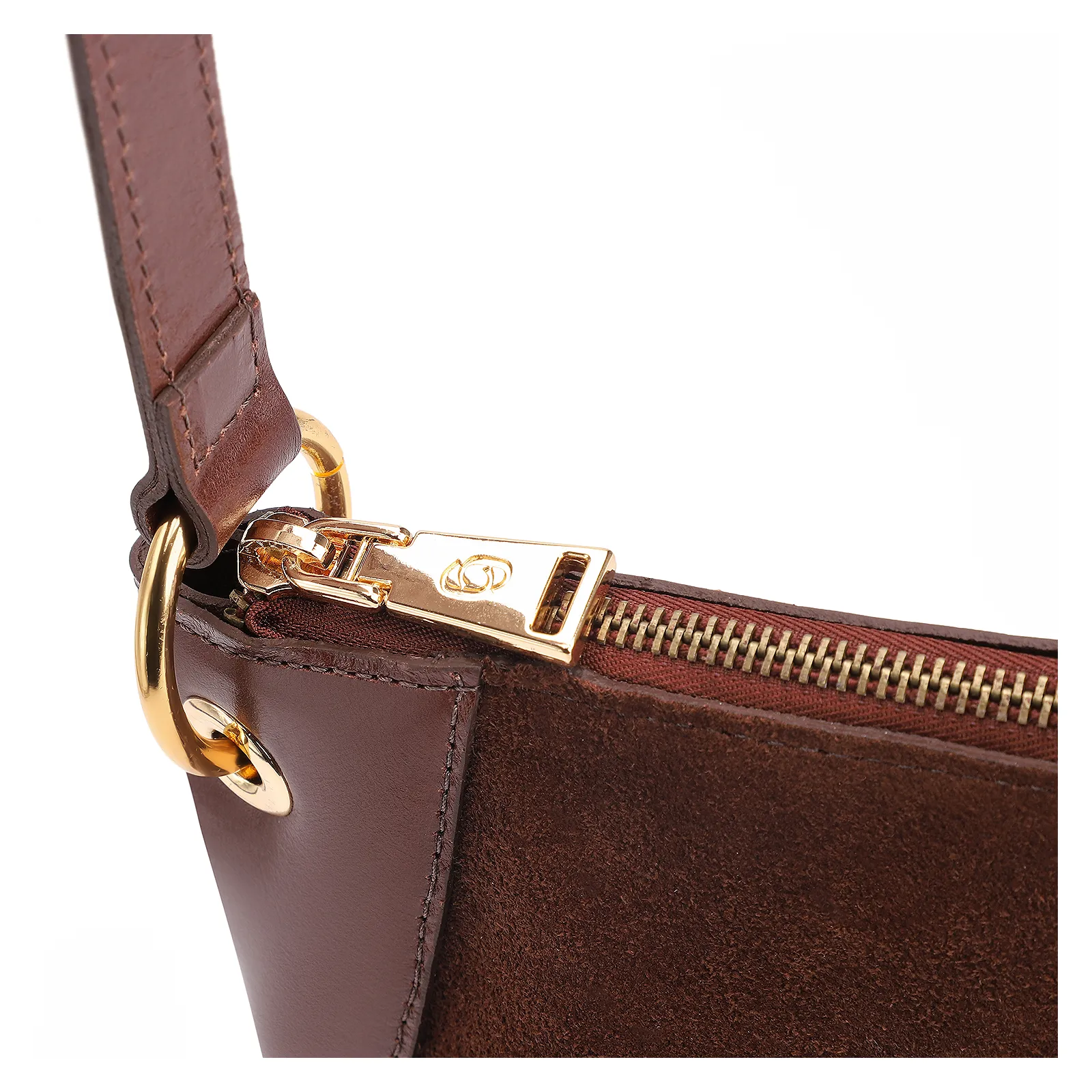 Bolsa Transversal Argola Couro Camurça/Couro Marrom Escuro