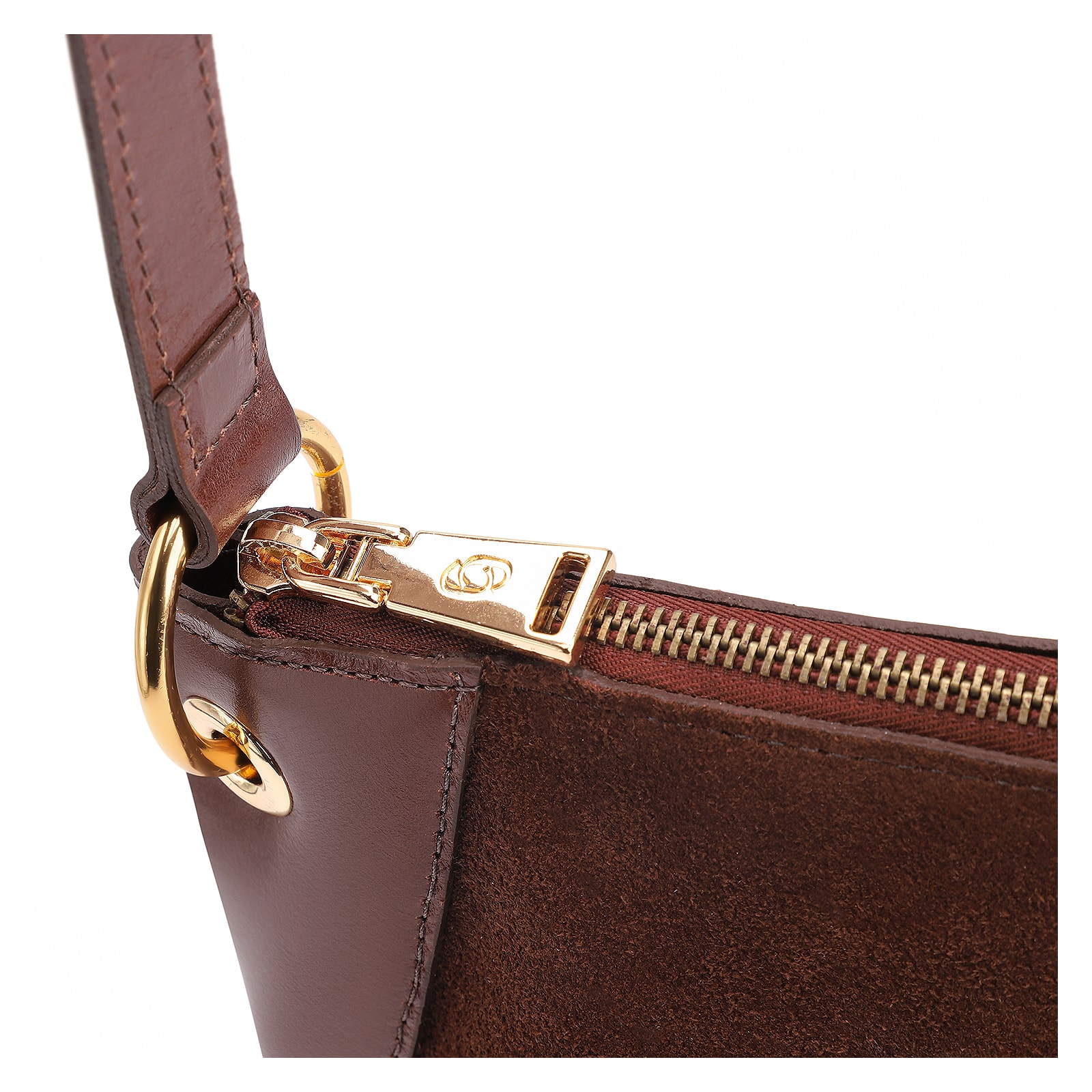 Bolsa Transversal Argola Couro Camurça/Couro Marrom Escuro