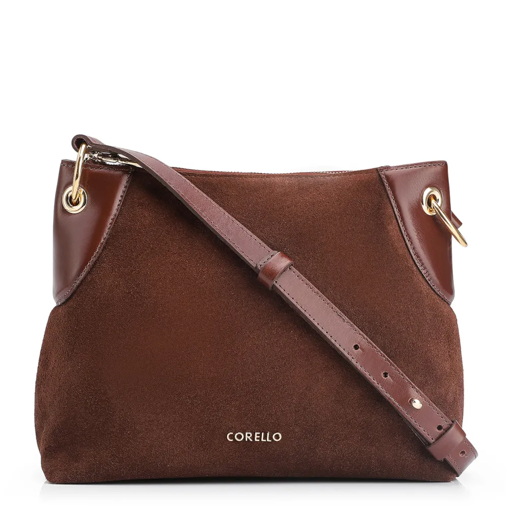 Bolsa Transversal Argola Couro Camurça/Couro Marrom Escuro