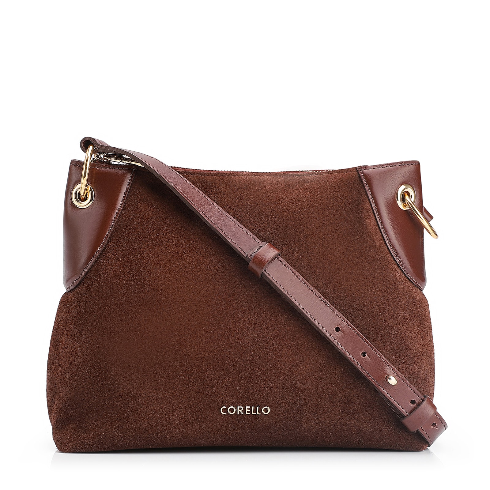 Bolsa Transversal Argola Couro Camurça/Couro Marrom Escuro