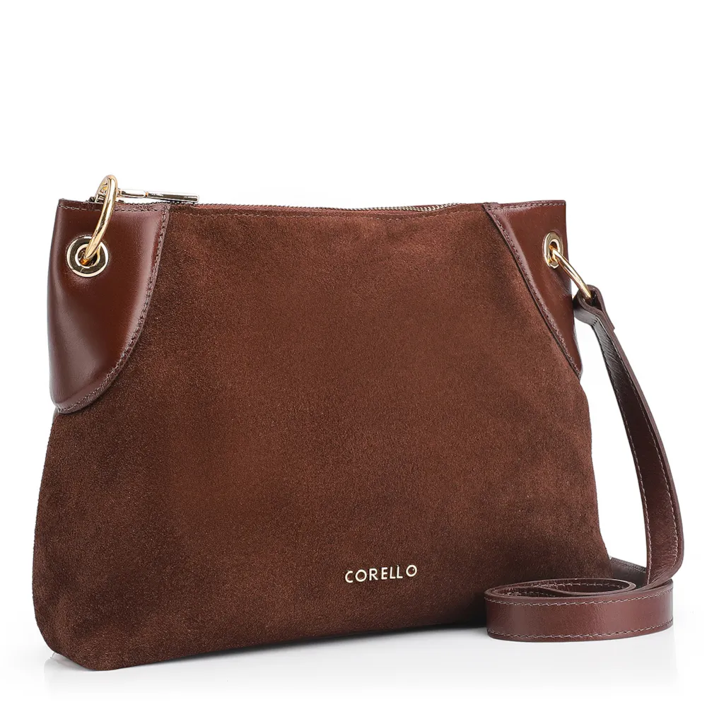 Bolsa Transversal Argola Couro Camurça/Couro Marrom Escuro - imagem 2