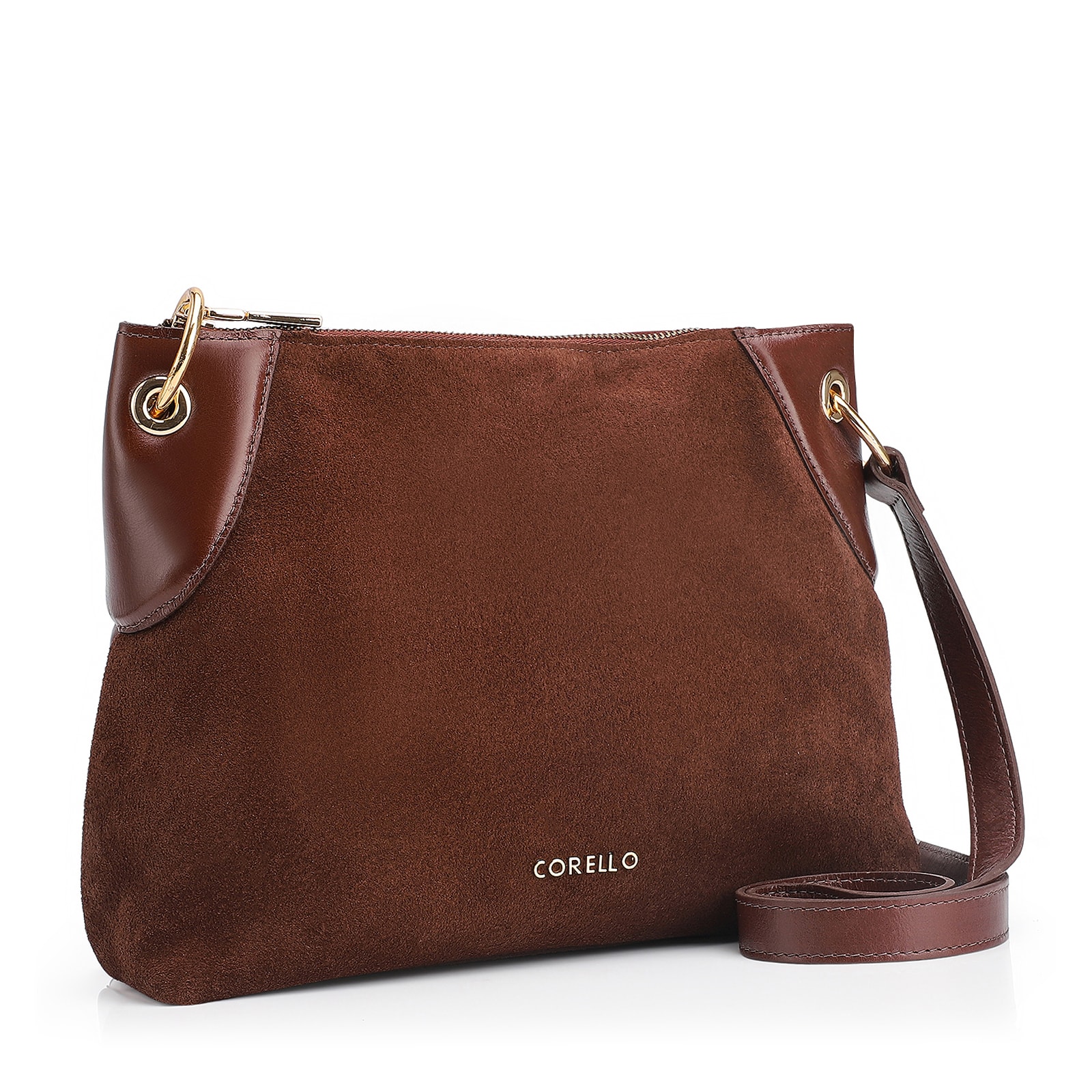 Bolsa Transversal Argola Couro Camurça/Couro Marrom Escuro