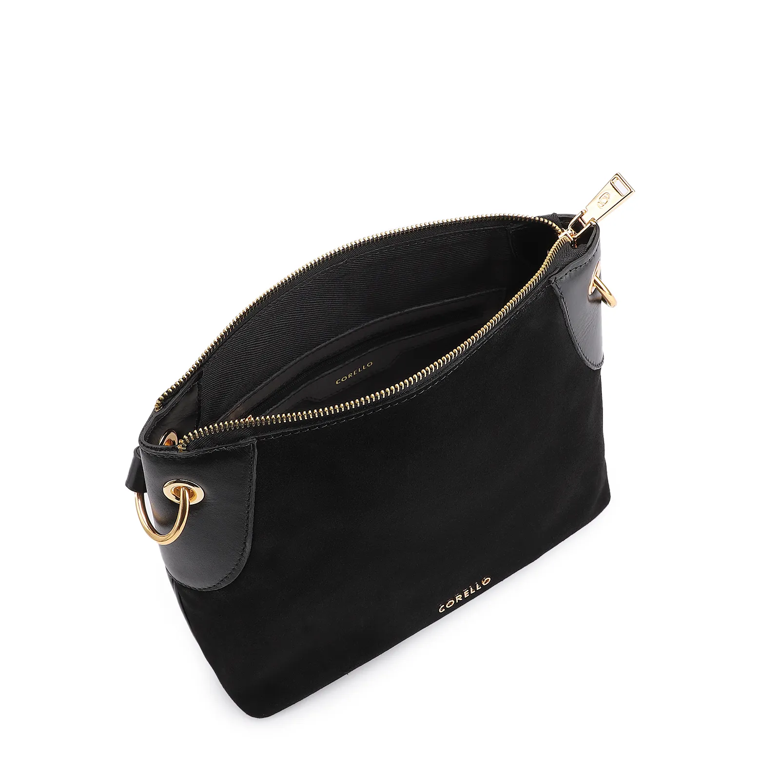 Bolsa Transversal Argola Couro Camurça/Couro Preto