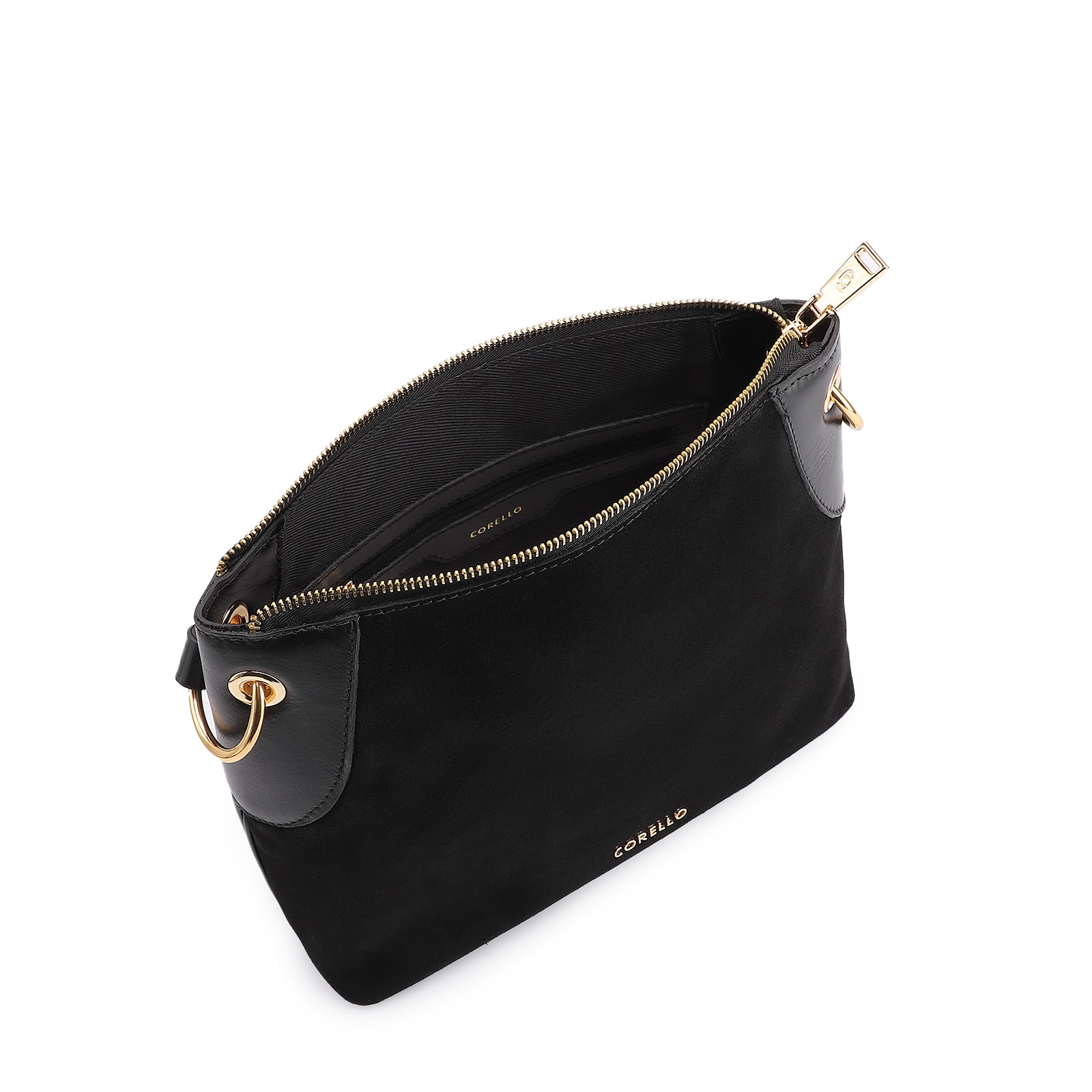 Bolsa Transversal Argola Couro Camurça/Couro Preto