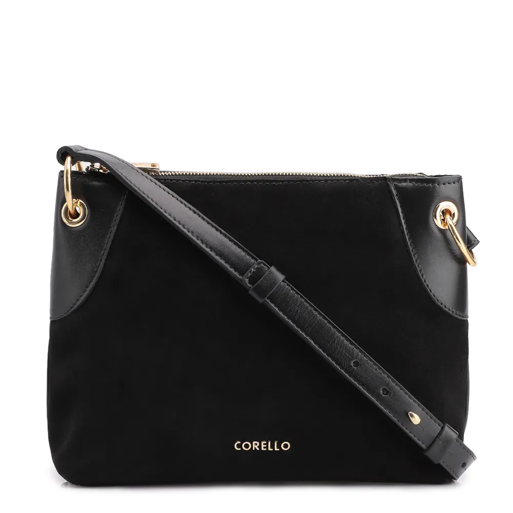 Bolsa Transversal Argola Couro Camurça/Couro Preto