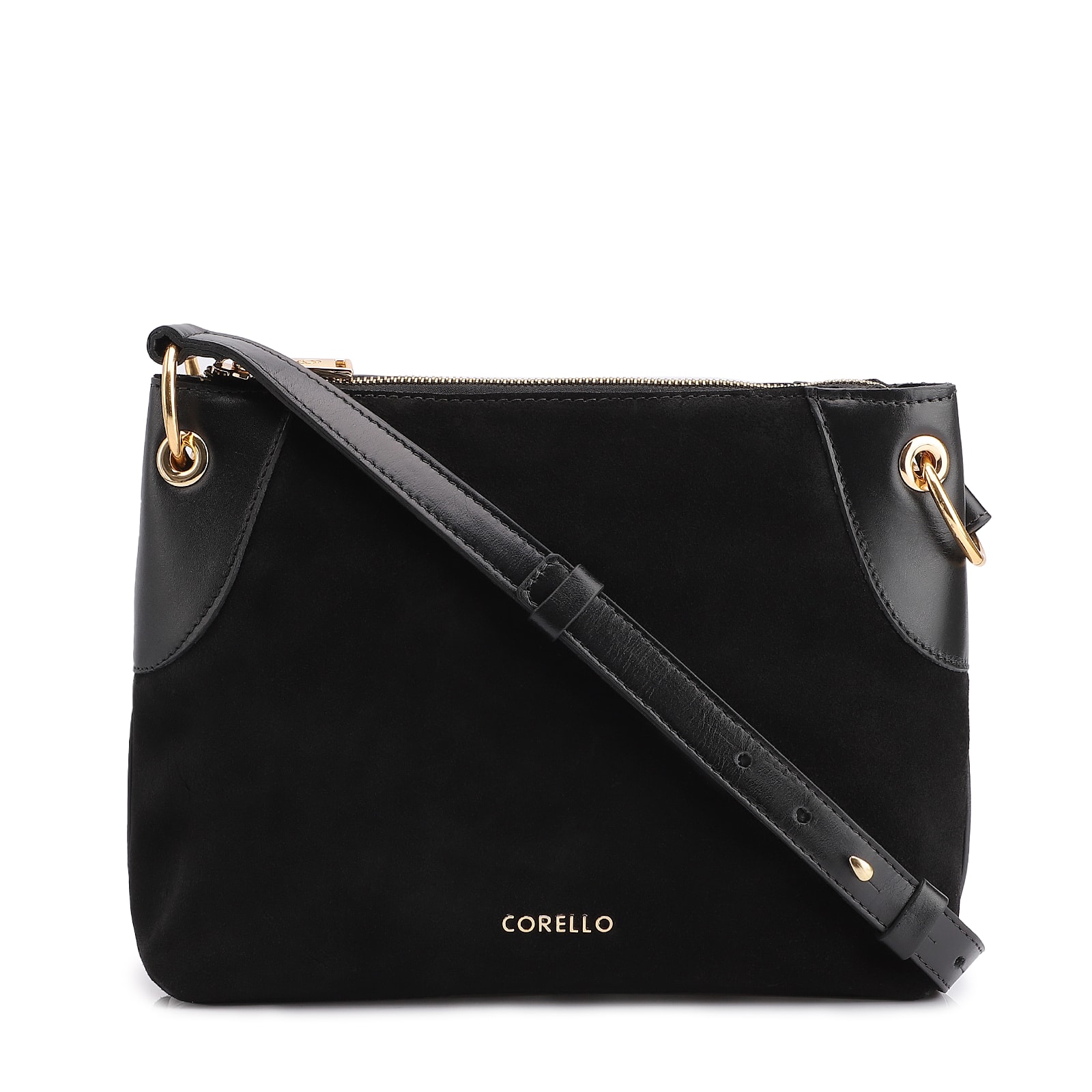 Bolsa Transversal Argola Couro Camurça/Couro Preto
