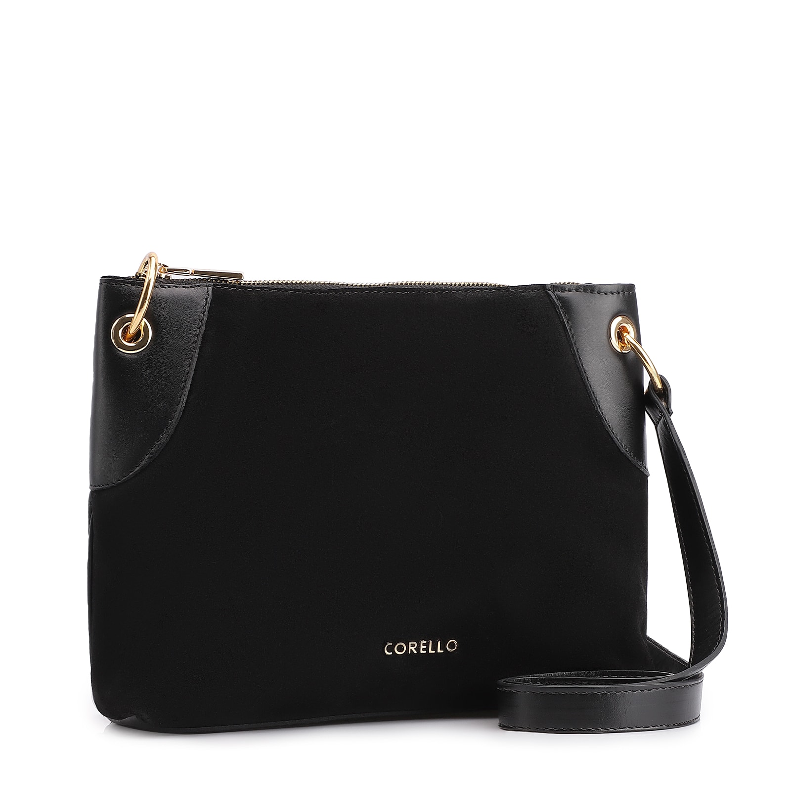 Bolsa Transversal Argola Couro Camurça/Couro Preto