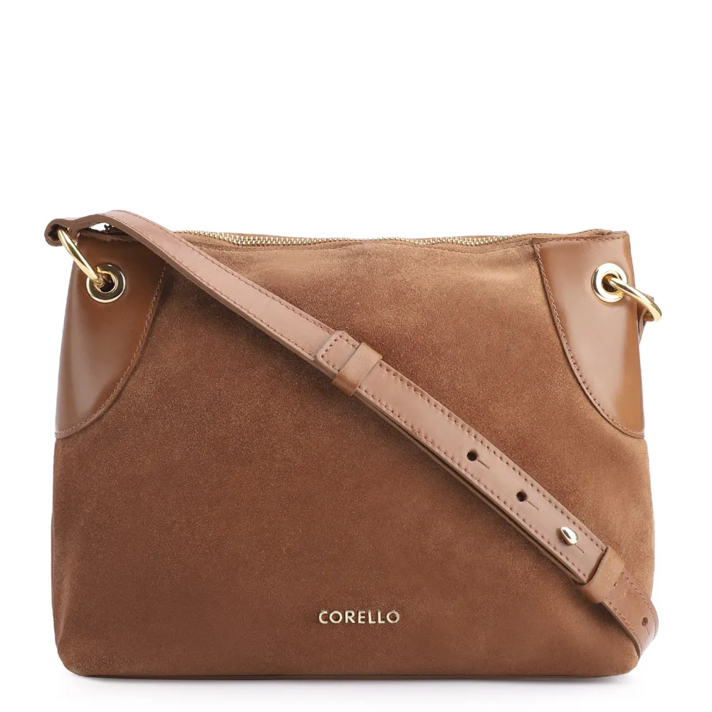 Bolsa Transversal Argola Couro Camurça Marrom/Couro Marrom