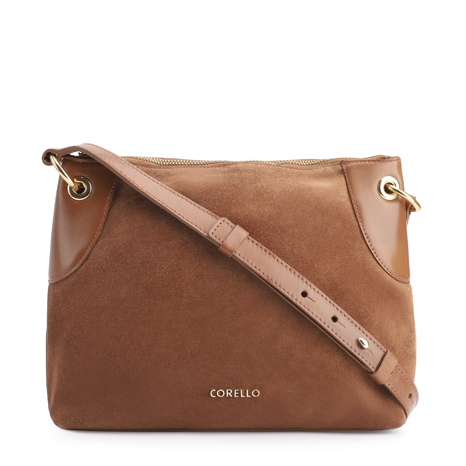 Bolsa Transversal Argola Couro Camurça Marrom/Couro Marrom