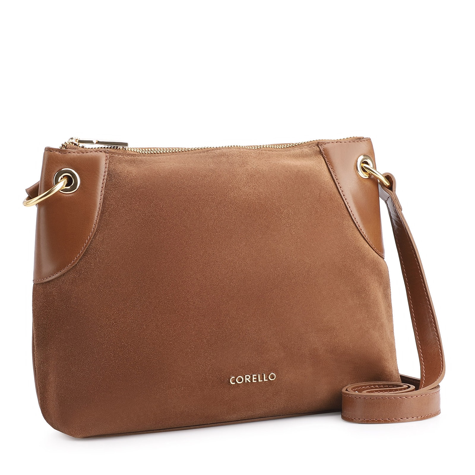 Bolsa Transversal Argola Couro Camurça Marrom/Couro Marrom