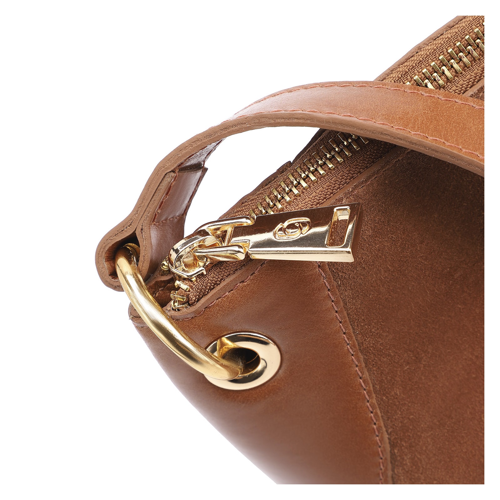 Bolsa Transversal Argola Couro Camurça Marrom/Couro Marrom