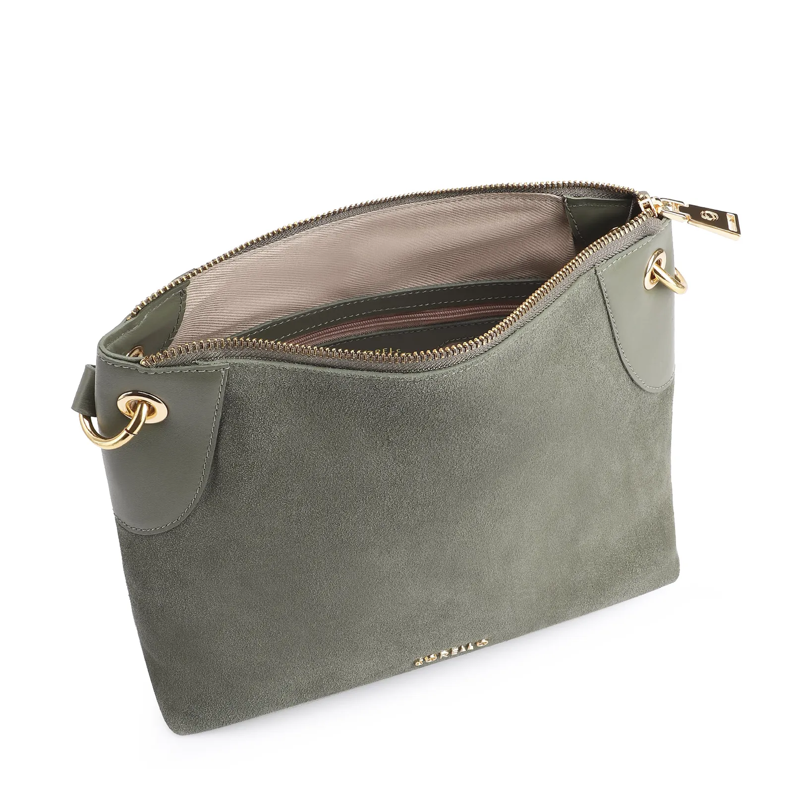 Bolsa Transversal Argola Couro Camurça Verde/Couro Verde
