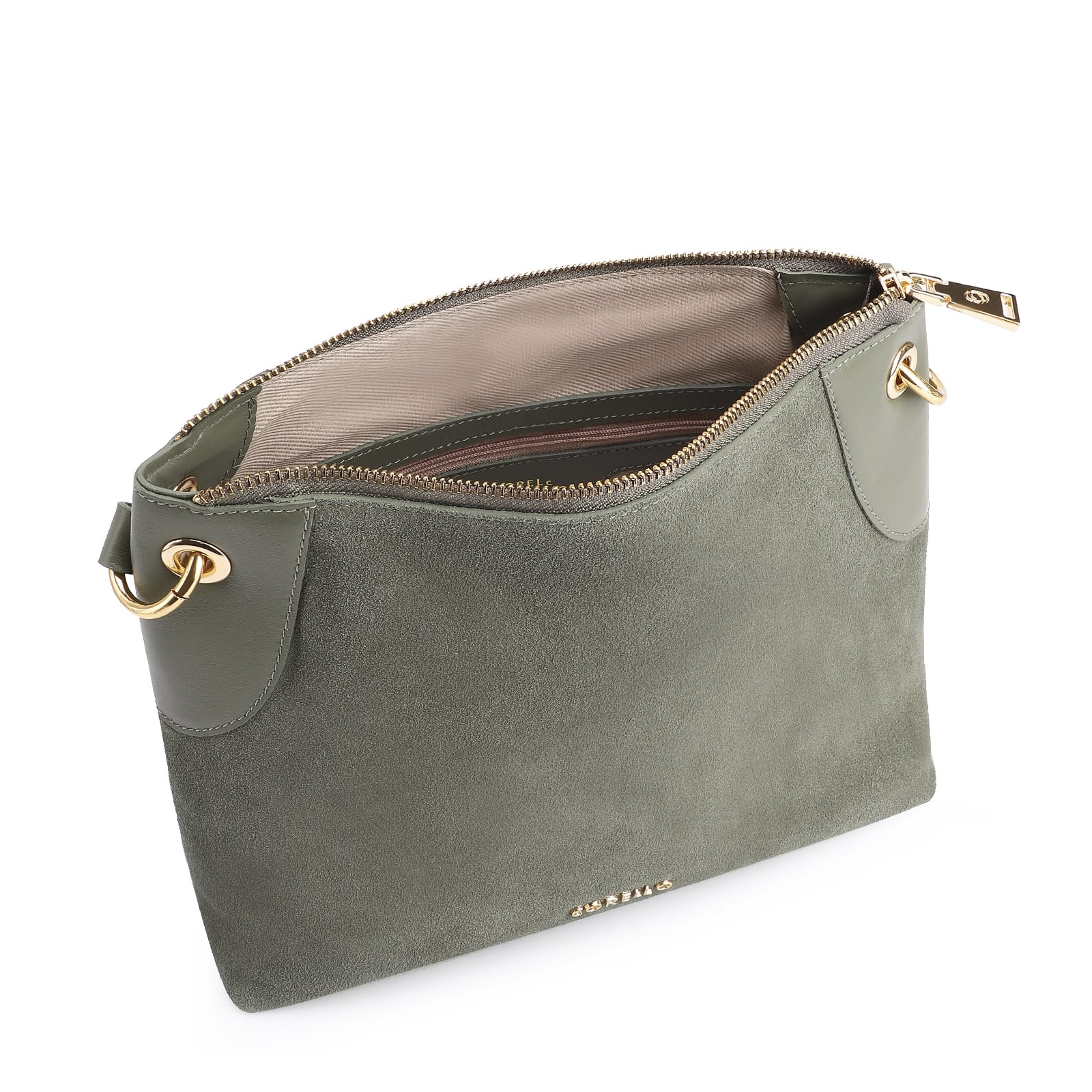 Bolsa Transversal Argola Couro Camurça Verde/Couro Verde