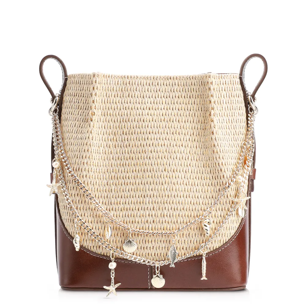 Bolsa Transversal Bag Charm Bucket Couro Marrom/Ráfia Natural