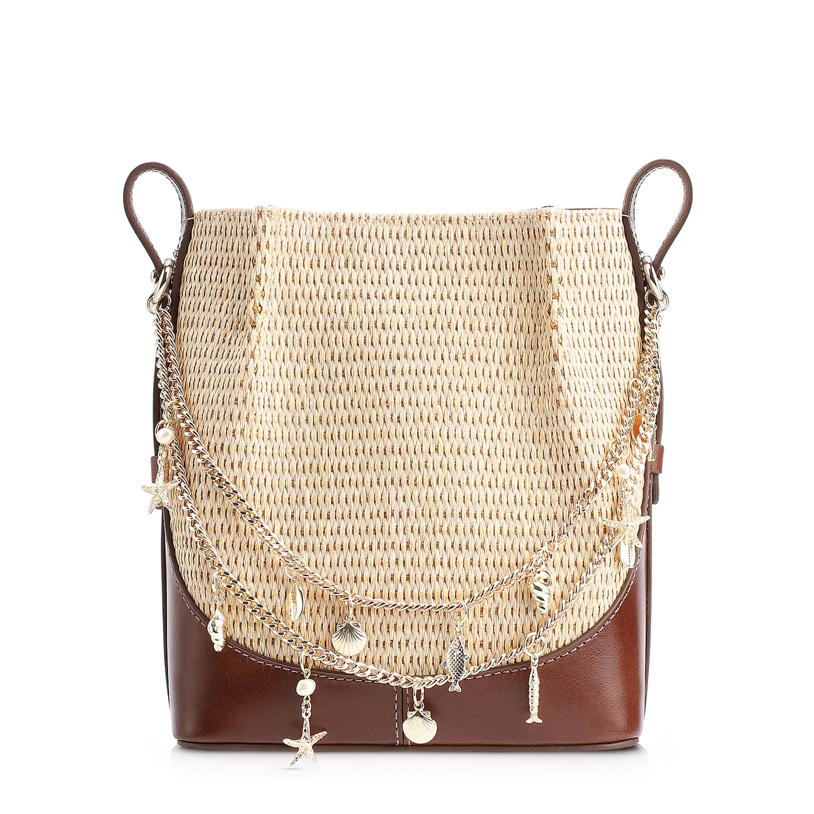Bolsa Transversal Bag Charm Bucket Couro Marrom/Ráfia Natural