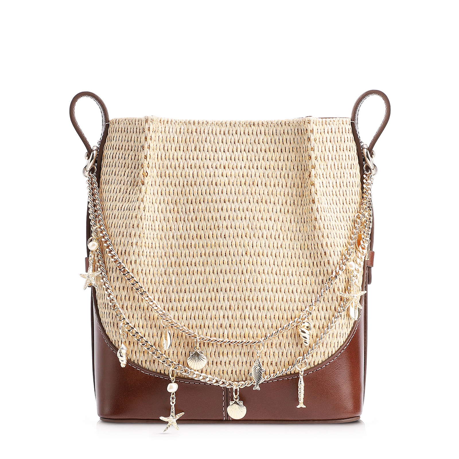 Bolsa Transversal Bag Charm Bucket Couro Marrom/Ráfia Natural