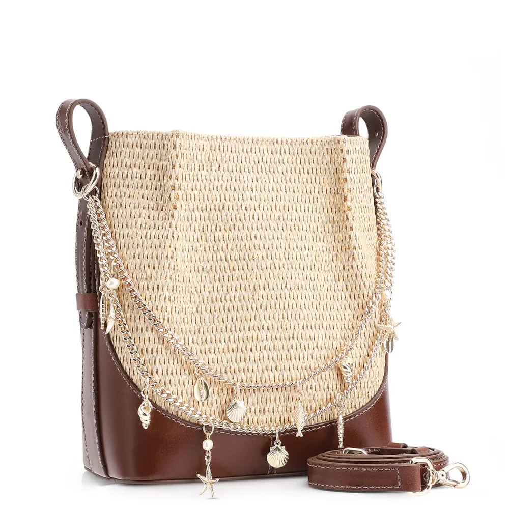Bolsa Transversal Bag Charm Bucket Couro Marrom/Ráfia Natural - imagem 3