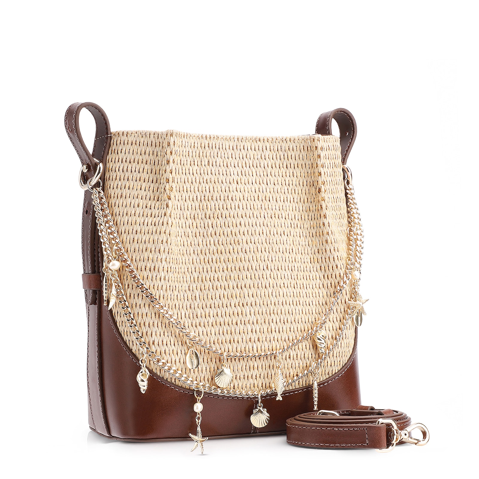 Bolsa Transversal Bag Charm Bucket Couro Marrom/Ráfia Natural