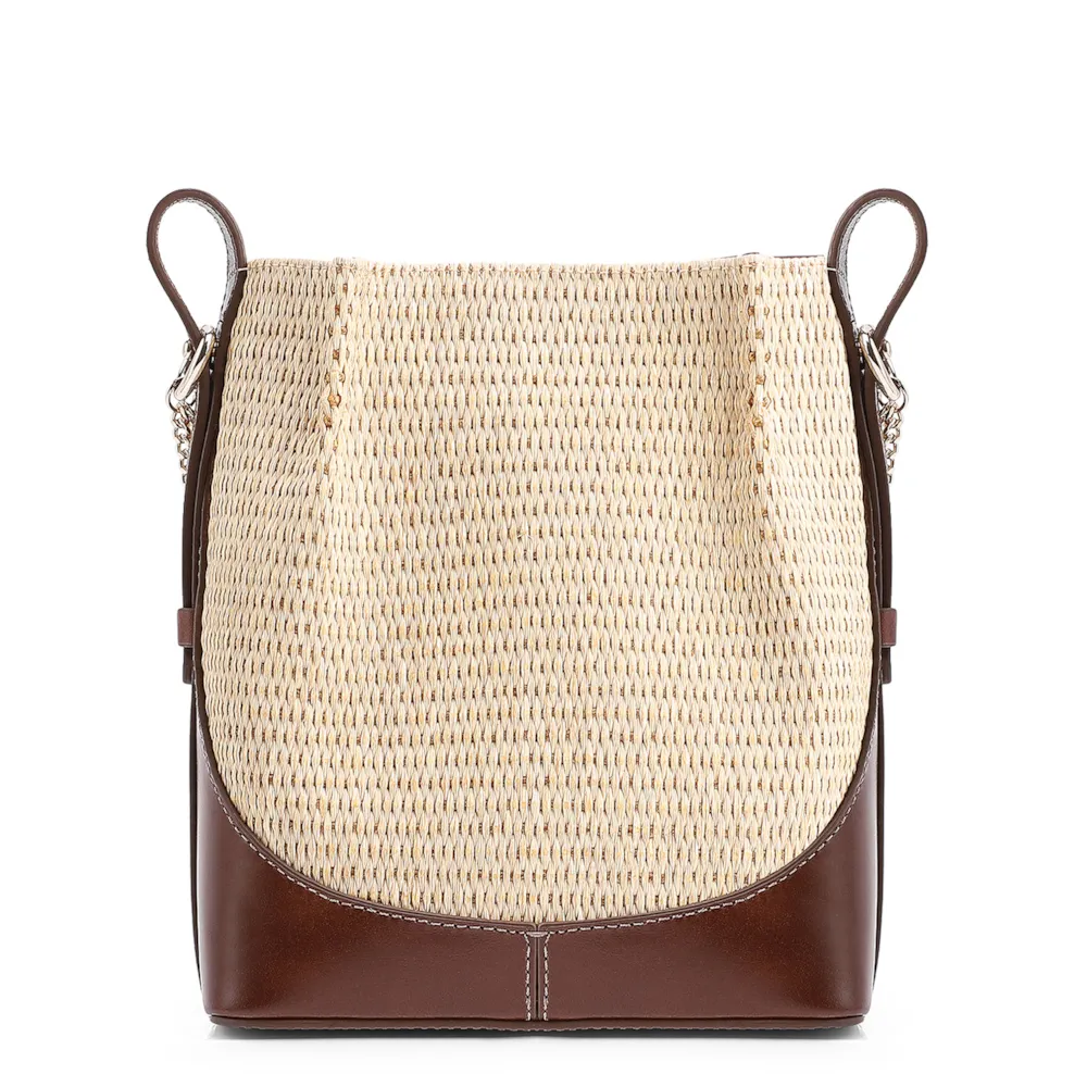 Bolsa Transversal Bag Charm Bucket Couro Marrom/Ráfia Natural - imagem 4