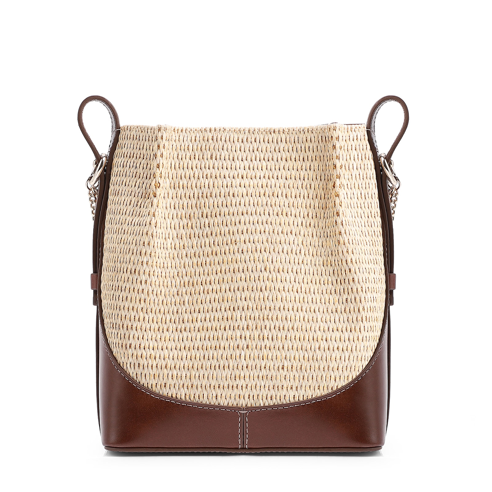 Bolsa Transversal Bag Charm Bucket Couro Marrom/Ráfia Natural