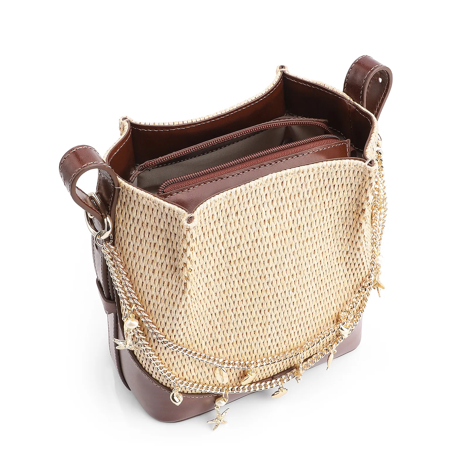 Bolsa Transversal Bag Charm Bucket Couro Marrom/Ráfia Natural