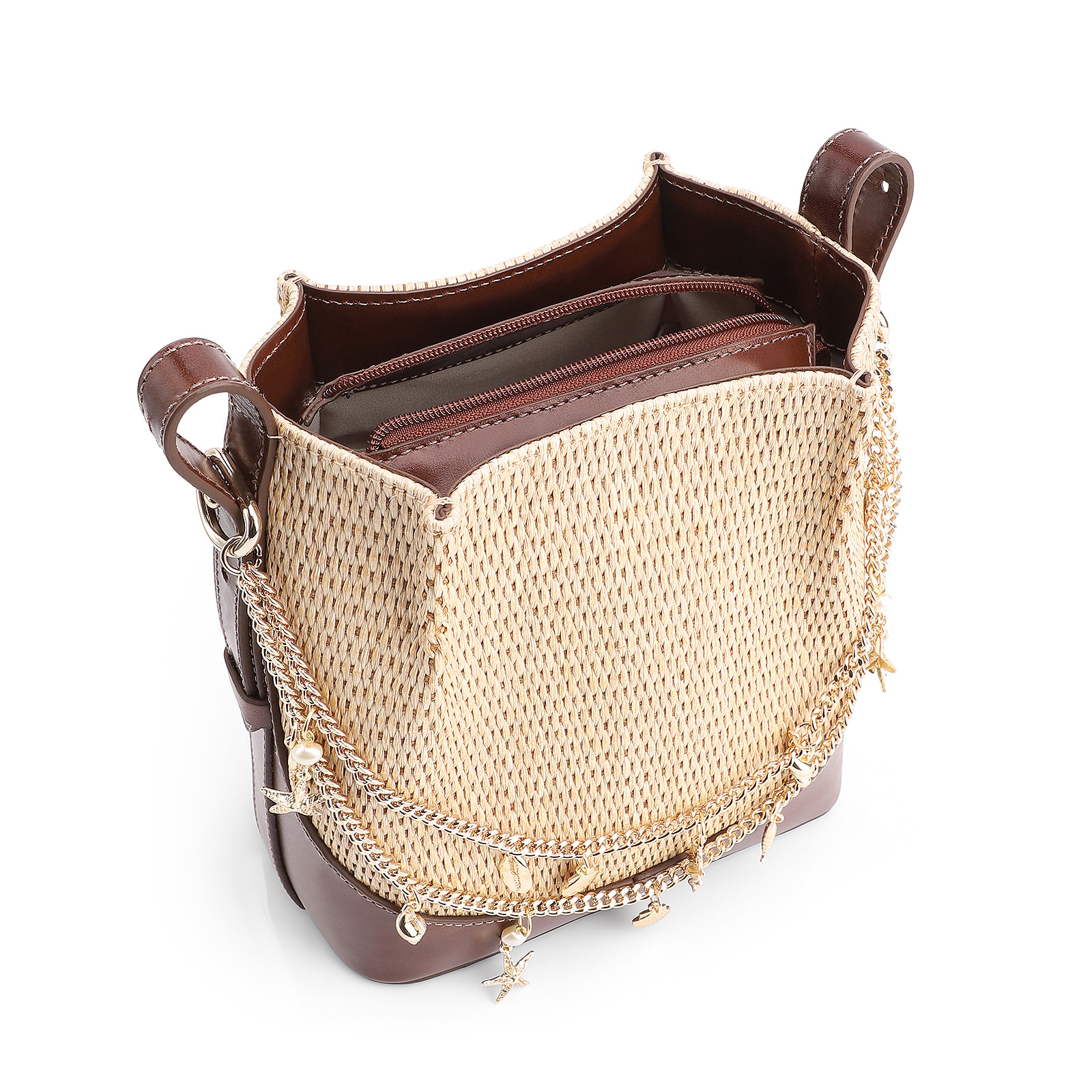 Bolsa Transversal Bag Charm Bucket Couro Marrom/Ráfia Natural