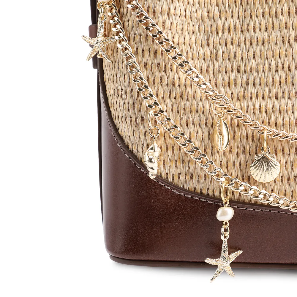 Bolsa Transversal Bag Charm Bucket Couro Marrom/Ráfia Natural - imagem 6
