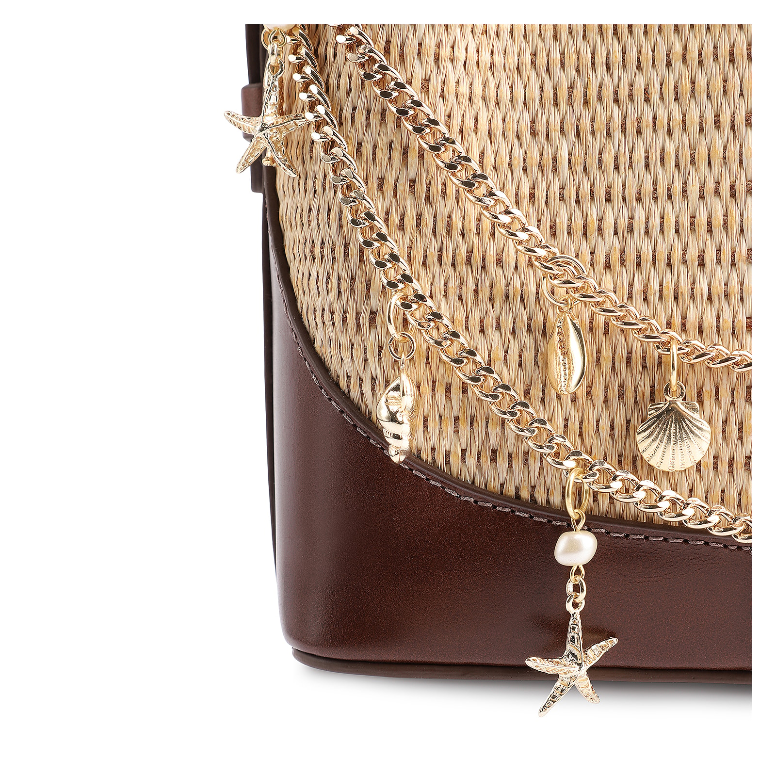 Bolsa Transversal Bag Charm Bucket Couro Marrom/Ráfia Natural