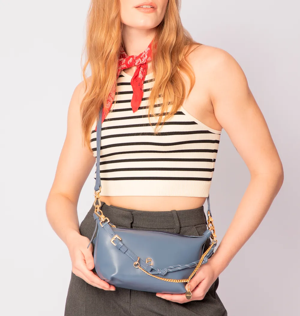 Bolsa Transversal Cordão Couro Azul - imagem 2