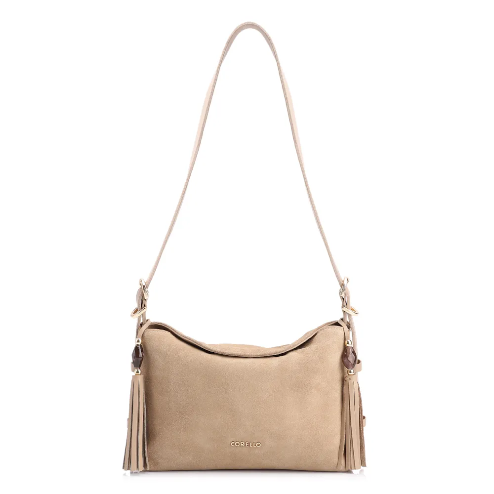 Bolsa Transversal Couro Camurça Bege/Couro Bege