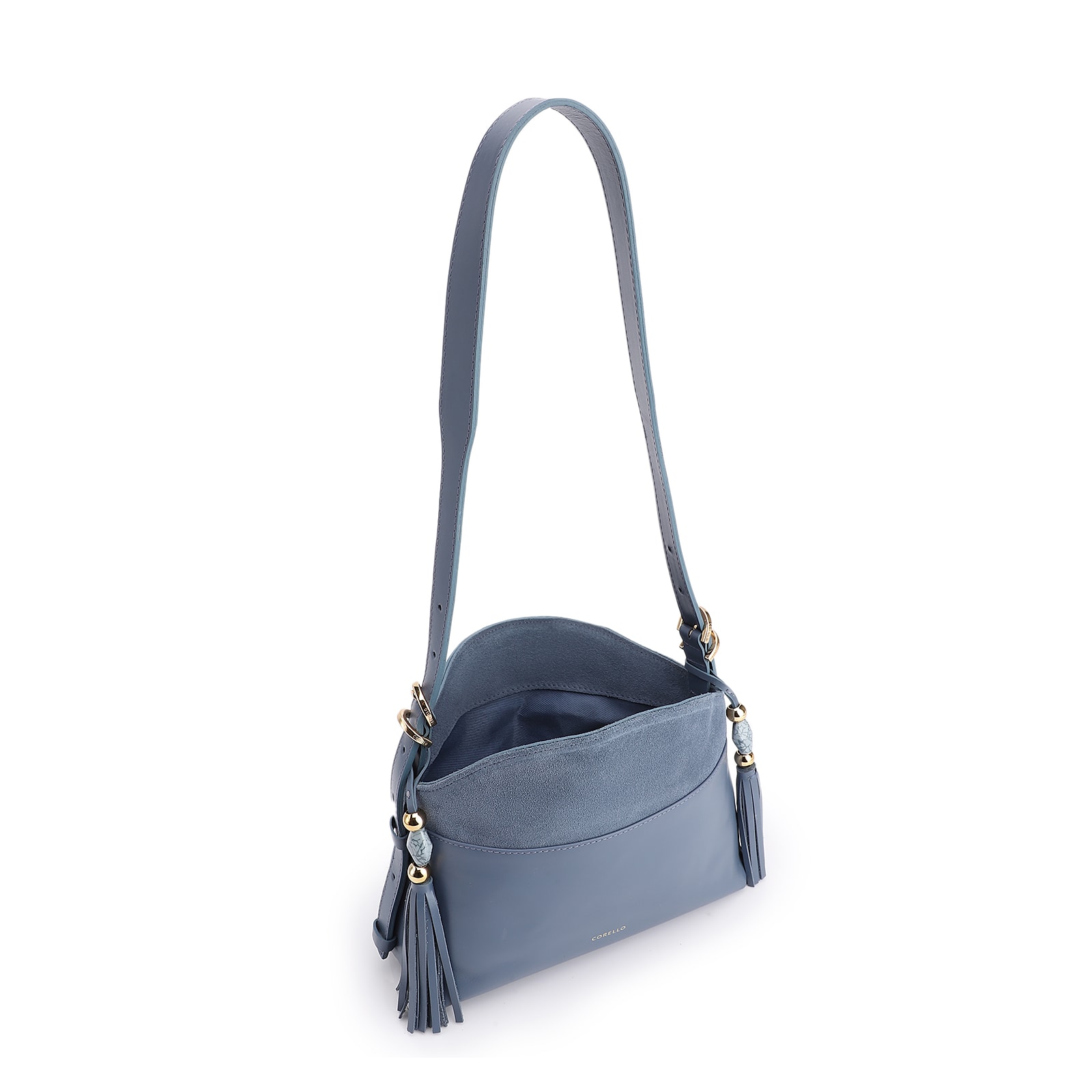 Bolsa Transversal Couro Camurça/Couro Azul