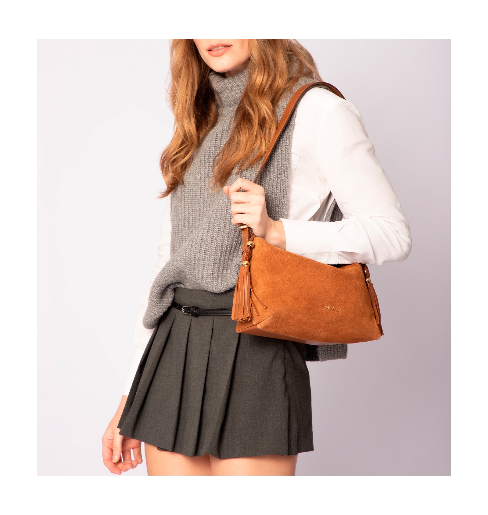 Bolsa Transversal Couro Camurça/Couro Marrom Claro