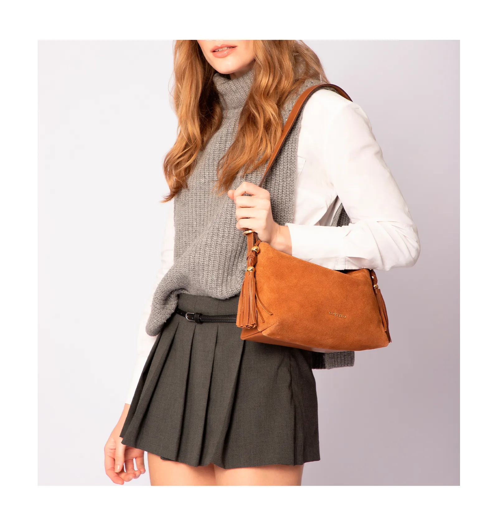 Bolsa Transversal Couro Camurça/Couro Marrom Claro