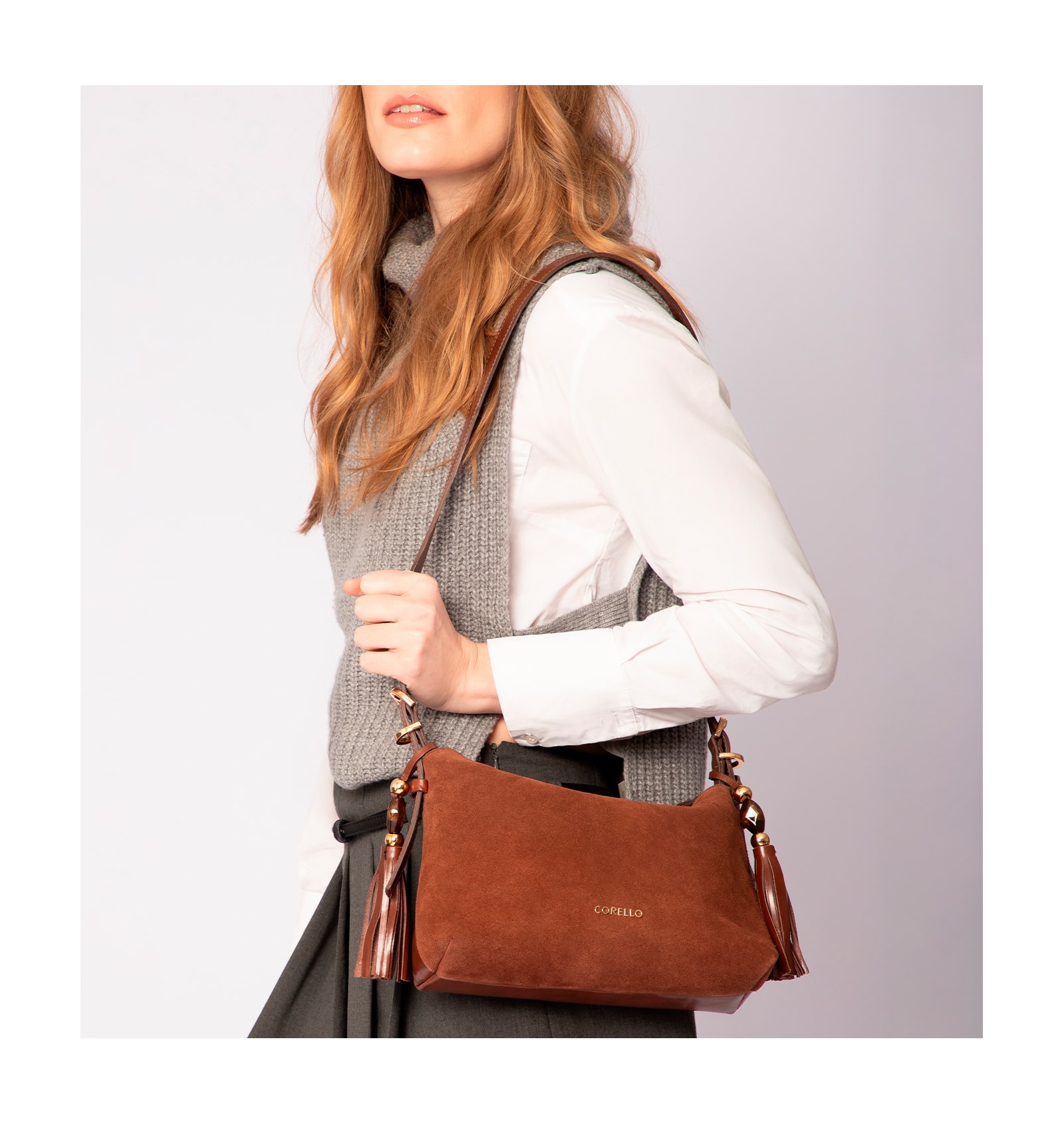 Bolsa Transversal Couro Camurça/Couro Marrom Escuro