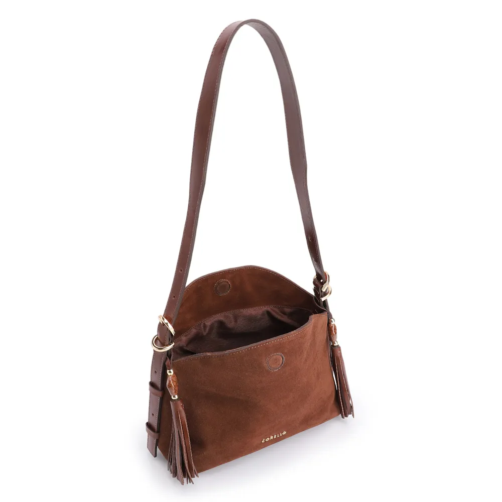 Bolsa Transversal Couro Camurça Marrom/Couro Marrom Escuro - imagem 4
