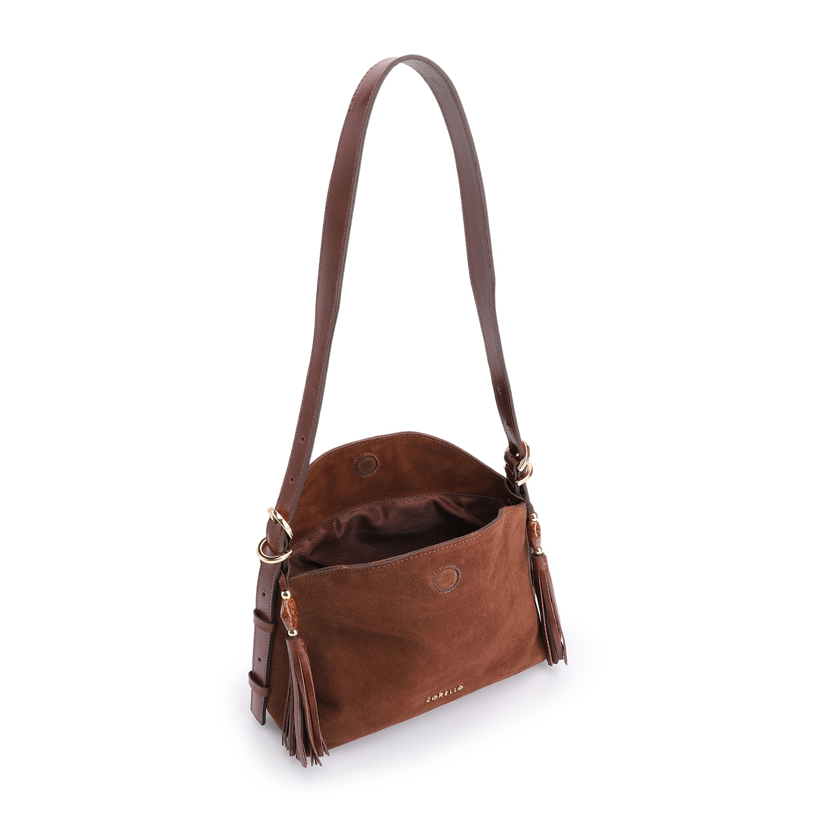 Bolsa Transversal Couro Camurça Marrom/Couro Marrom Escuro