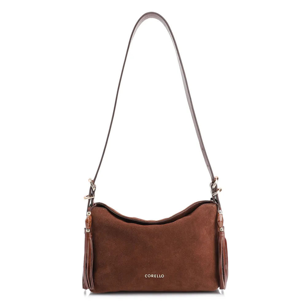 Bolsa Transversal Couro Camurça Marrom/Couro Marrom Escuro