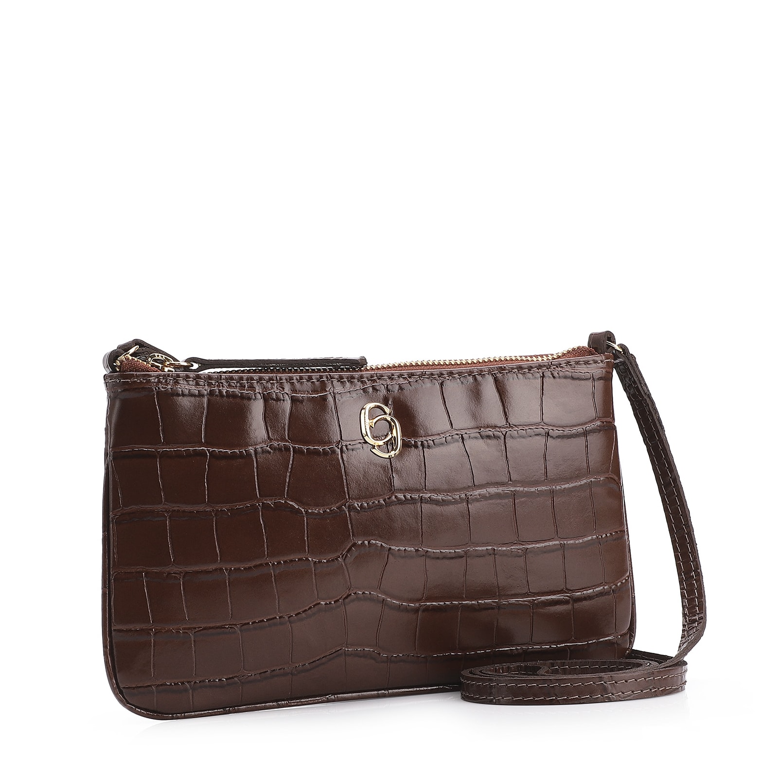 Bolsa Transversal Couro Croco Marrom