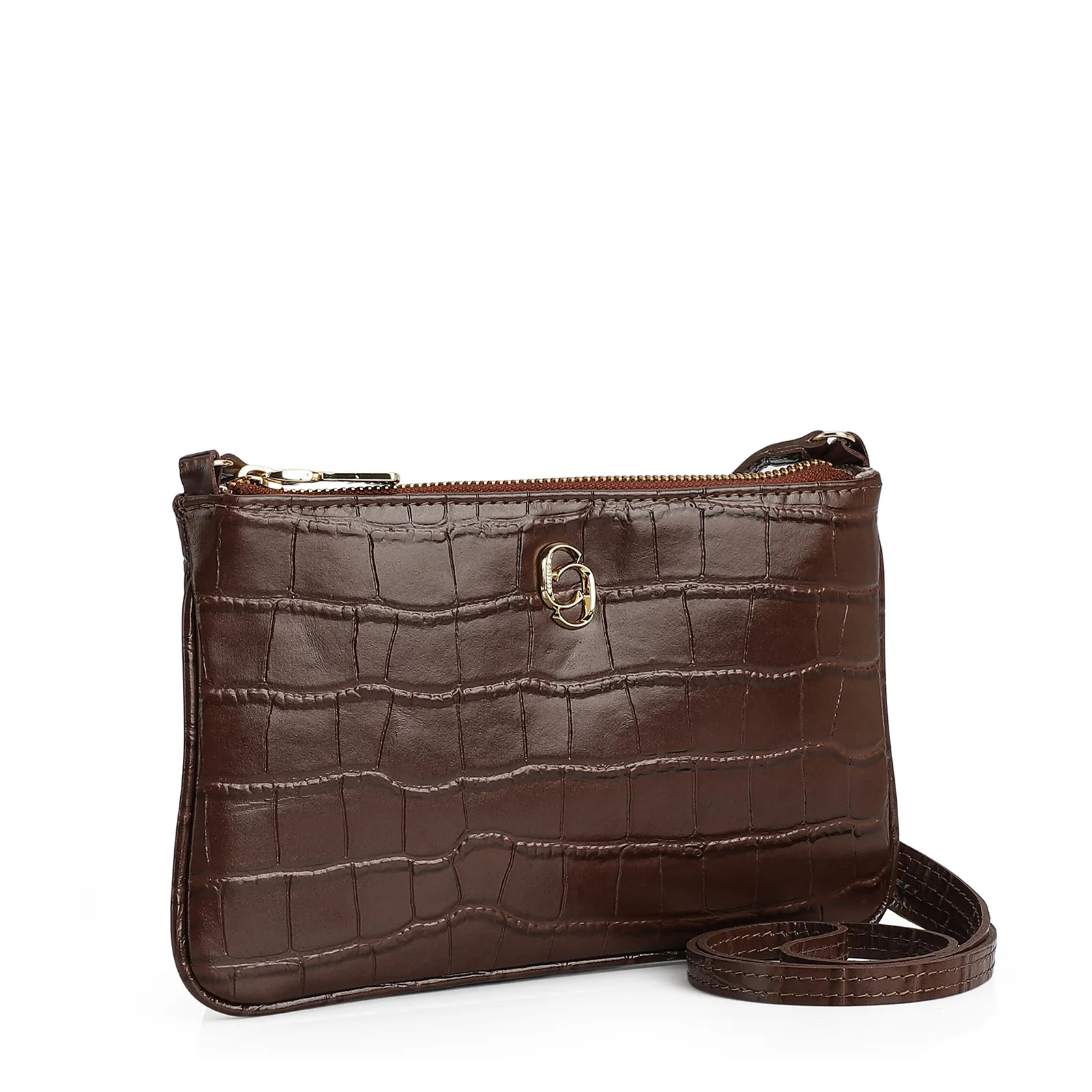 Bolsa Transversal Couro Croco Marrom